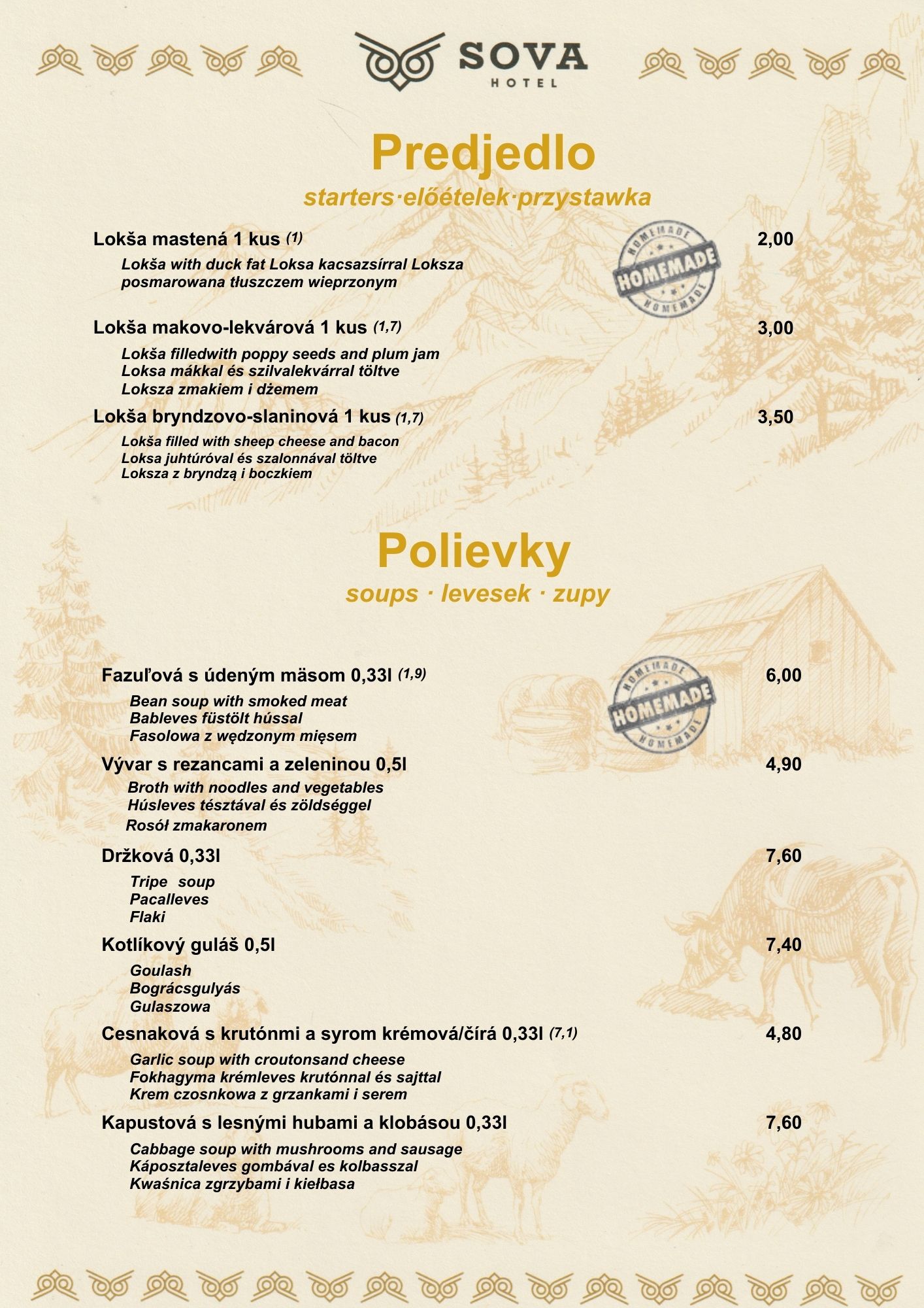 Menu Koliba Sova strana 1 - Polievky a predkrmy, tradičná slovenská kuchyňa Ždiar