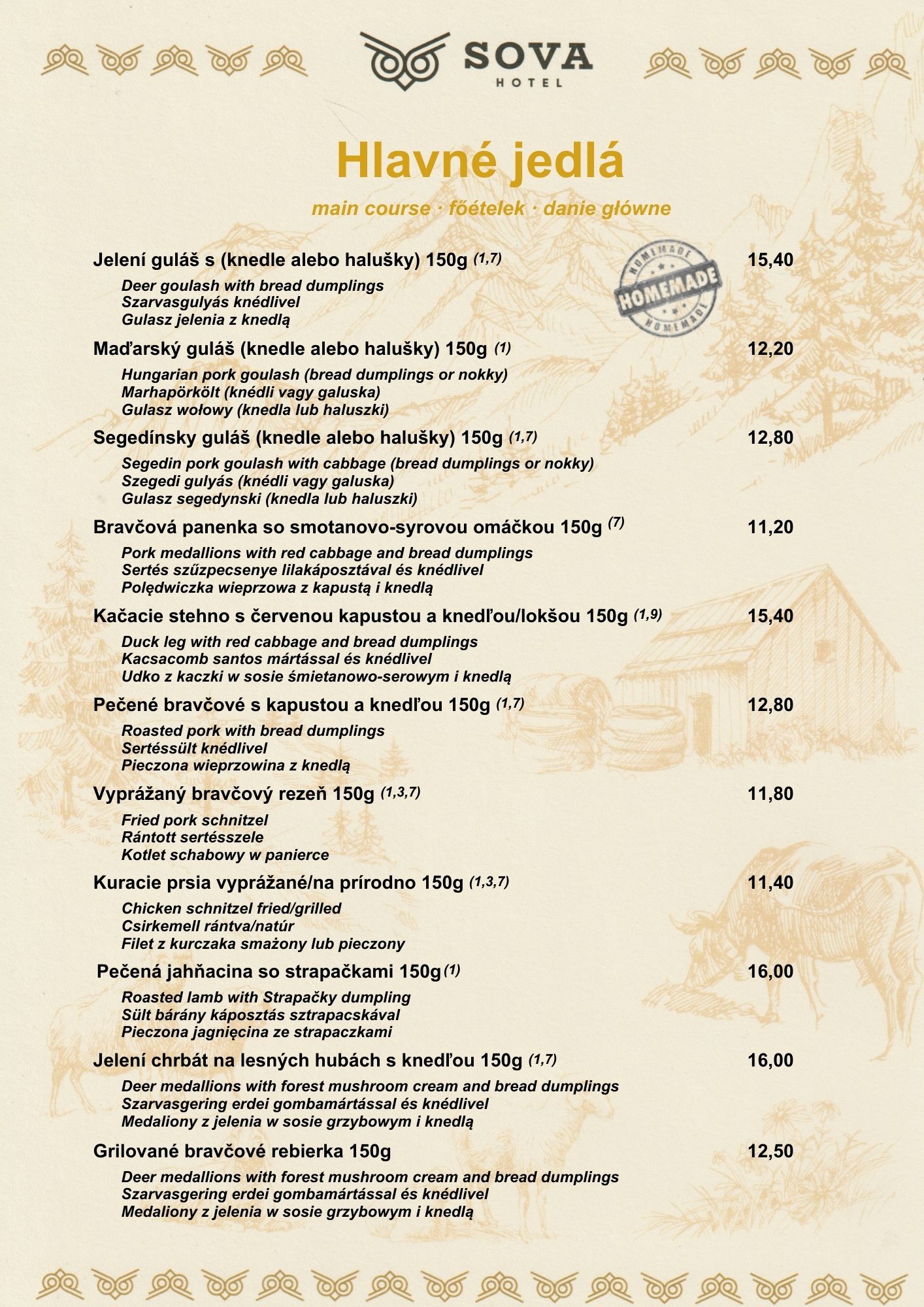Menu Koliba Sova strana 2 - Hlavné jedlá, bryndzové halušky, pirohy, goralské špecality