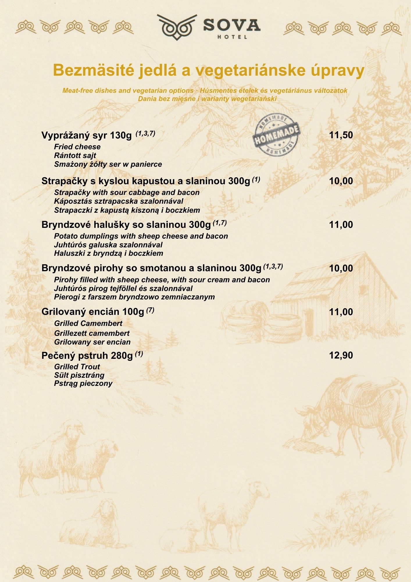 Menu Koliba Sova strana 3 - Mäsové jedlá, tradičné mäsové špecality reštaurácia Ždiar