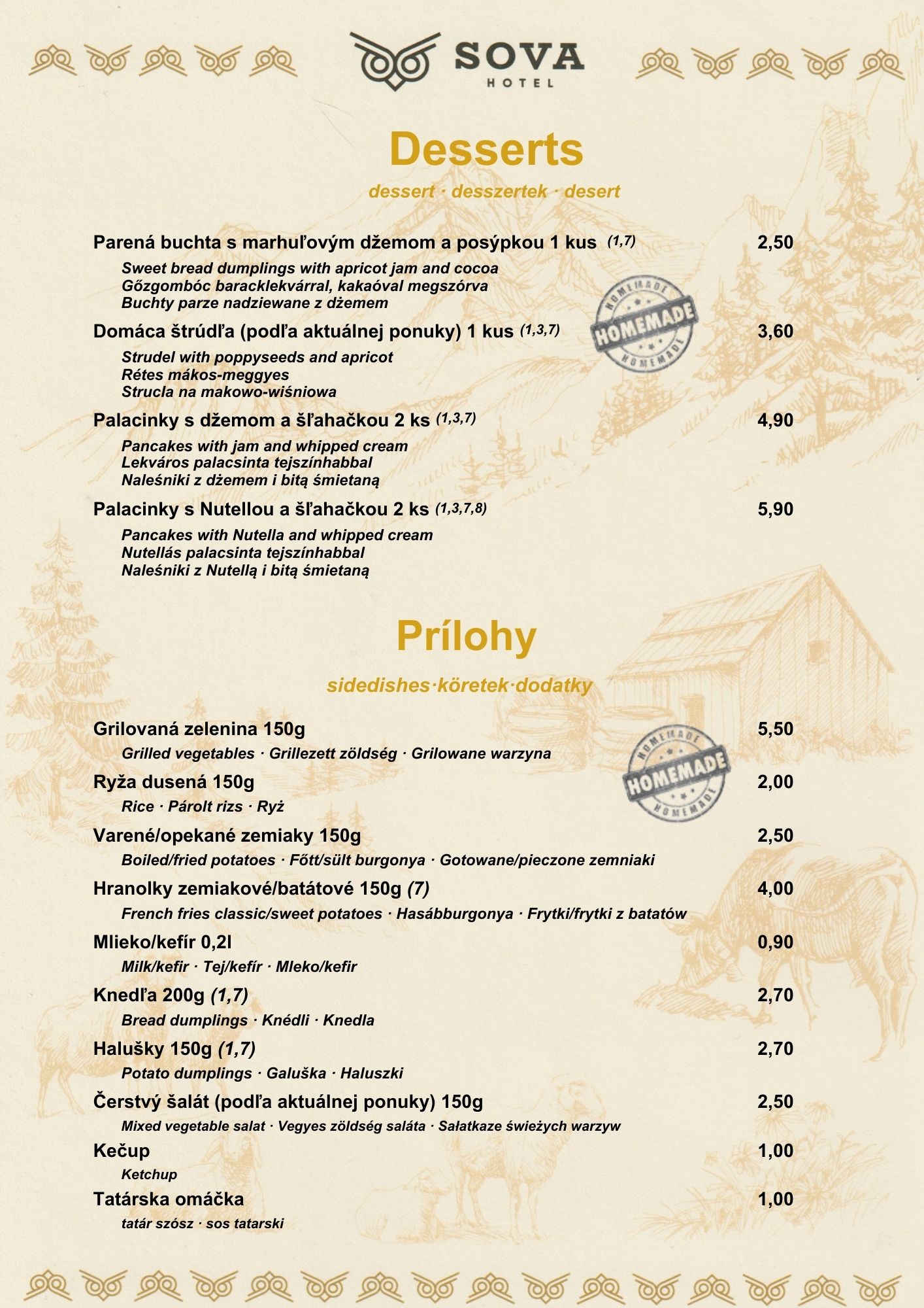 Menu Koliba Sova strana 4 - Ďalšie jedlá a špecality reštaurácia pod Tatrami