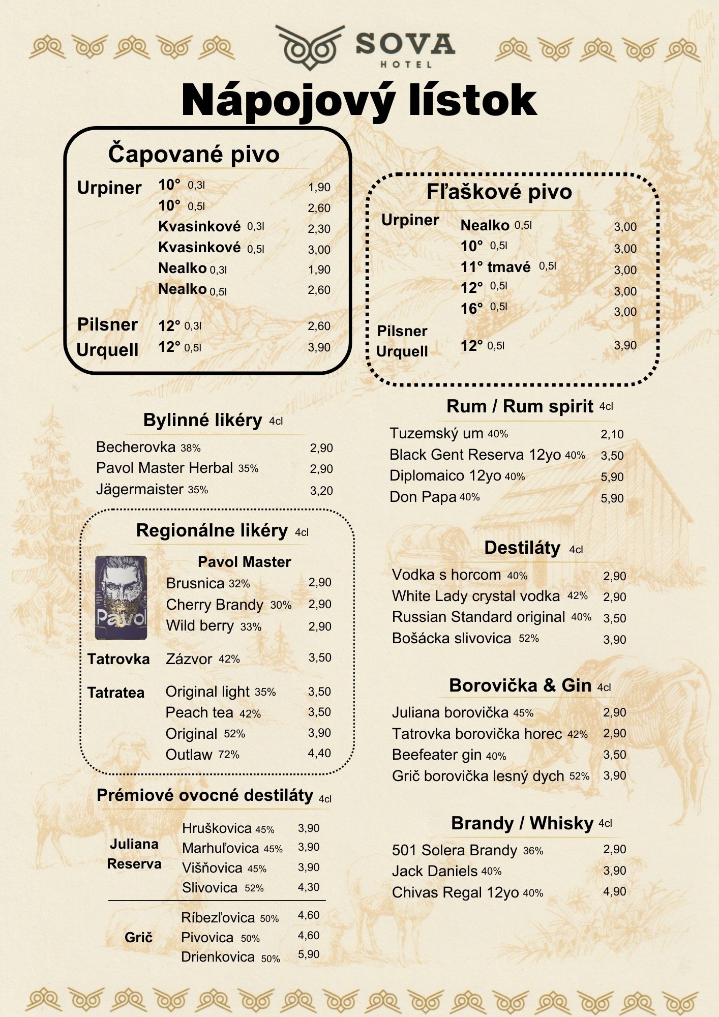 Nápojový lístok Koliba Sova - Víno, pivo, nealko nápoje reštaurácia Ždiar