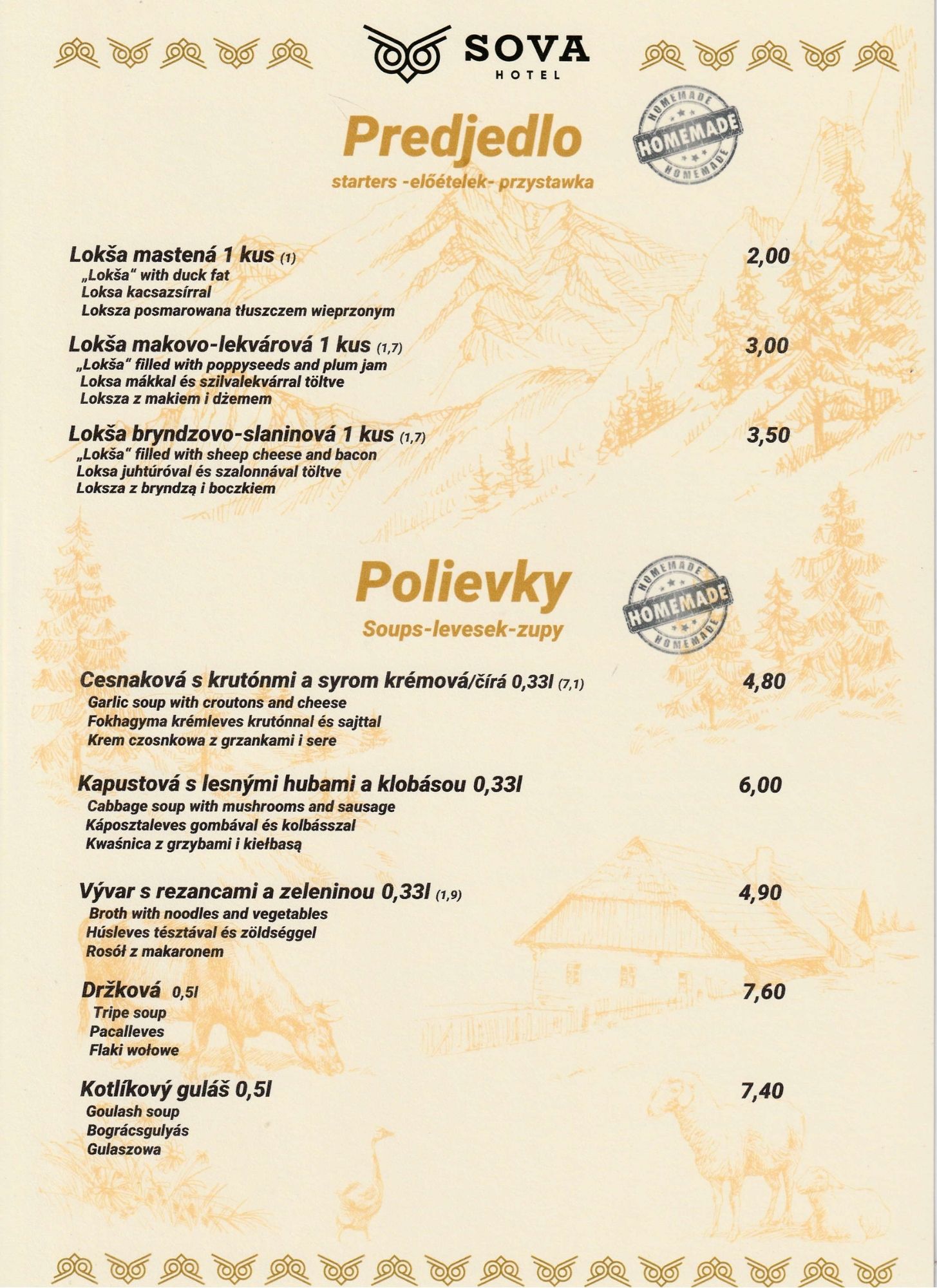 Menu Koliba Sova strana 1 - Polievky a predkrmy, tradičná slovenská kuchyňa Ždiar