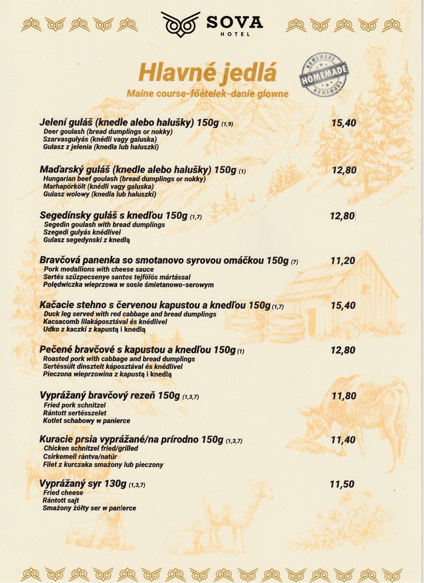 Menu Koliba Sova strana 2 - Hlavné jedlá, bryndzové halušky, pirohy, goralské špecality
