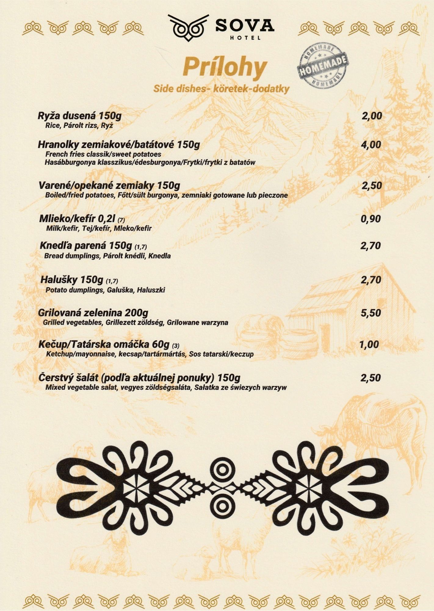 Menu Koliba Sova strana 4 - Ďalšie jedlá a špecality reštaurácia pod Tatrami